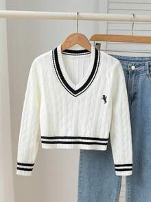 Tween Girls Striped Twist Rope Cable Knit V-Neck Pullover Sweater, Soft & Comfortable For Everyday, Outdoor, Travel, Vacation, Home, Daycare Wear Youth Sweaters Girl Sweater Cute Sweater Preppy Sweater Aesthetic Clothes Teen Girls Sweaters Girl Jumper Kids Sweaters Sweater For Tweens Kids Preppy Clothing - Beige - View 1