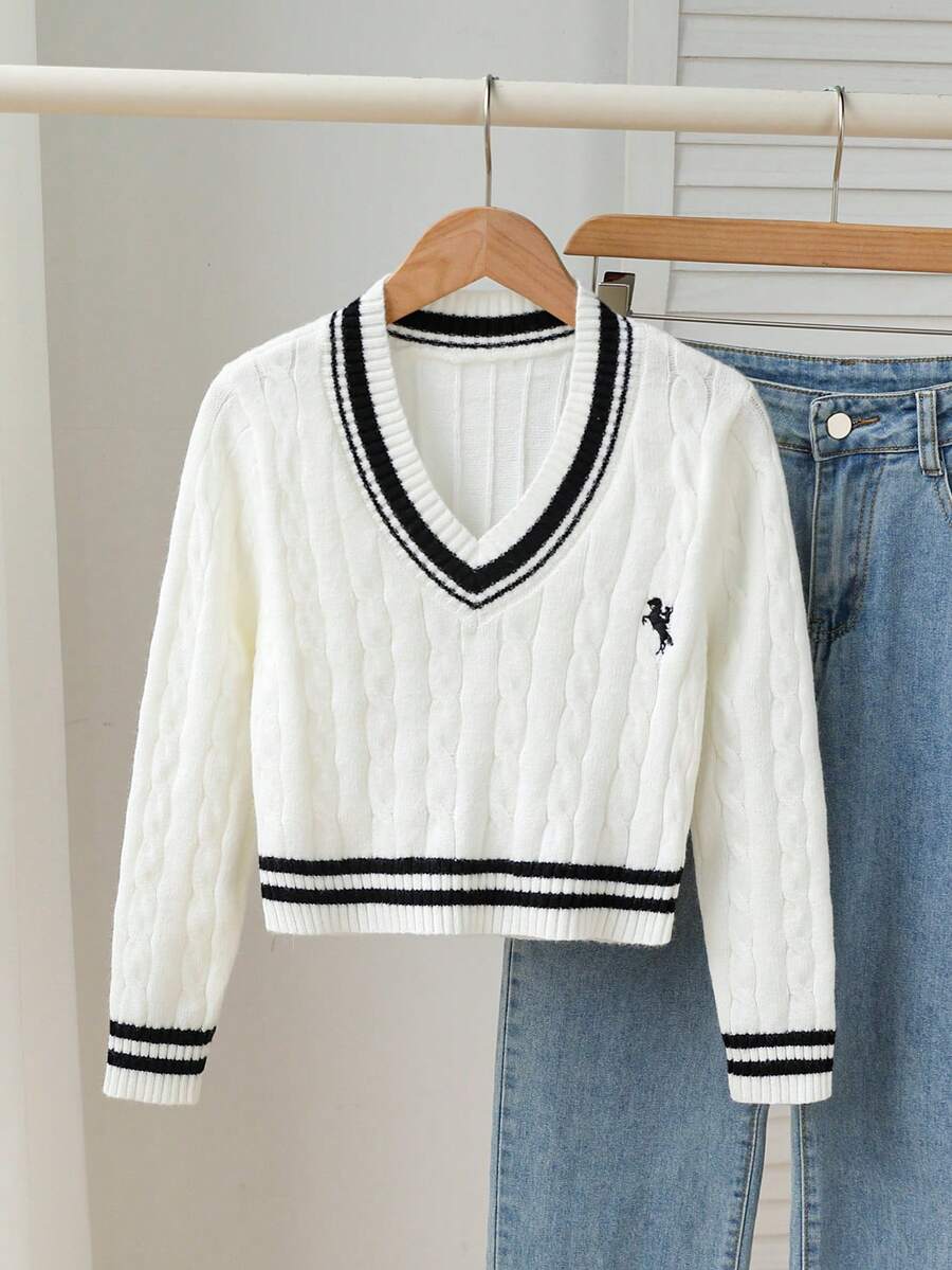 Tween Girls Striped Twist Rope Cable Knit V-Neck Pullover Sweater, Soft & Comfortable For Everyday, Outdoor, Travel, Vacation, Home, Daycare Wear Youth Sweaters Girl Sweater Cute Sweater Preppy Sweater Aesthetic Clothes Teen Girls Sweaters Girl Jumper Kids Sweaters Sweater For Tweens Kids Preppy Clothing - Beige - View 1