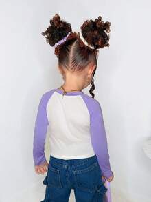 SHEIN X Care Bears 少女熊印花拼色插肩袖长袖 T 恤 - 紫色 - 查看 4