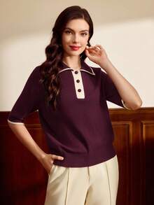 Vintamour Maglione casual da donna a maniche corte con colletto a contrasto di colore - Viola rosso - Visualizzare 1