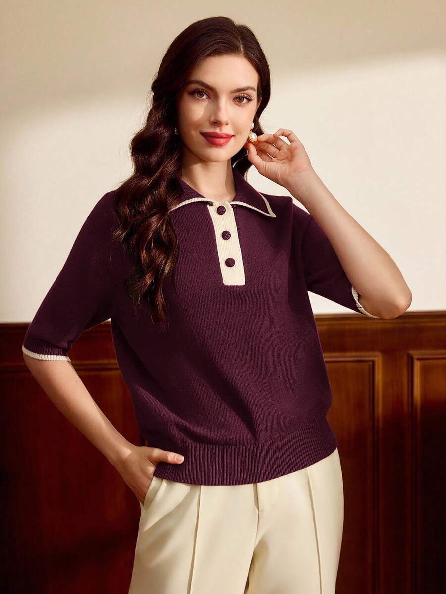 Vintamour Maglione casual da donna a maniche corte con colletto a contrasto di colore - Viola rosso - Visualizzare 1