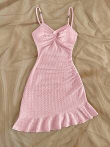 Soleia 女式不对称白色针织纹理扭纹胸围荷叶边下摆腰身修身迷你连衣裙，适合度假派对 - 粉色 - 查看 3