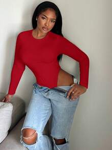 Alexandranx Solid Slim Fit Spring Women Bodysuit ,Petite Women - Red - View 5