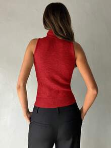 Aloruh 女士秋冬新款高领无袖紧身罗纹燕麦色针织背心毛衣，适合日常穿着 - 紅色 - 查看 2