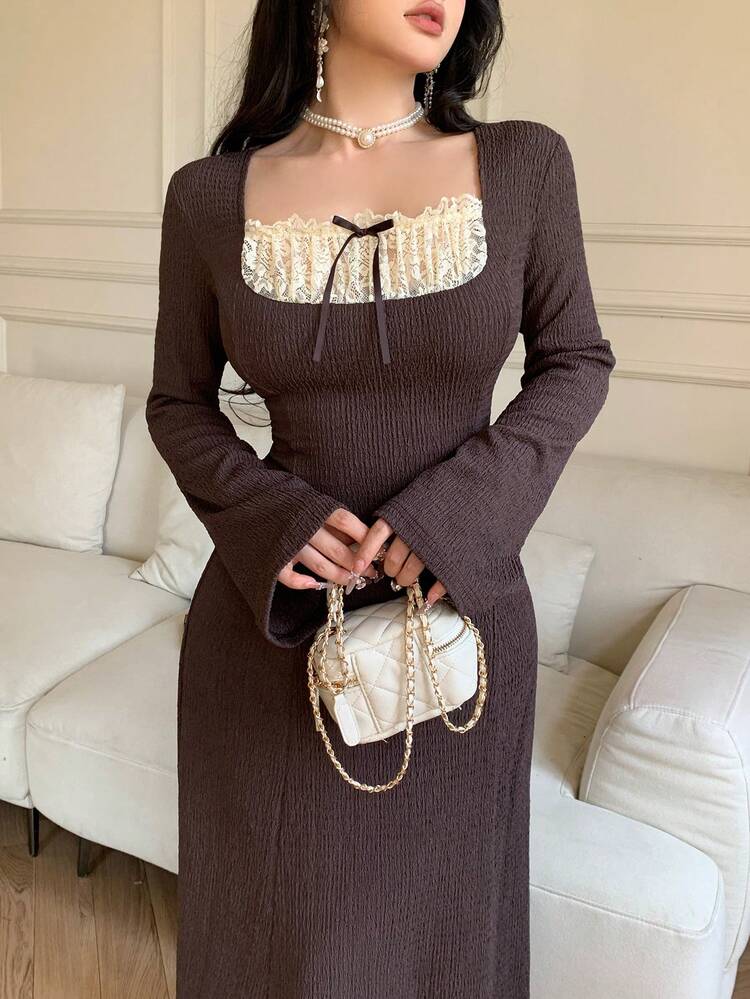 Feyla فستان نسائي أنيق للتنقل مع لمسات من الألوان المتباينة والدانتيل والأكمام الجرس - بني - مشاهدة 6