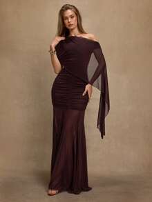 SHEIN BAE Women's Asymmetrical Shoulder Ruffle Collar Ruched Extra Long Dress, Suitable For Cocktail Party, Romantic Date, Autumn/Winter Layering Dress, Party, Formal Gathering, Halloween Dress, Christmas Dress