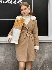 SHEIN 女童仿毛领双排扣腰带毛绒风衣，秋冬 - 彩色 - 查看 7