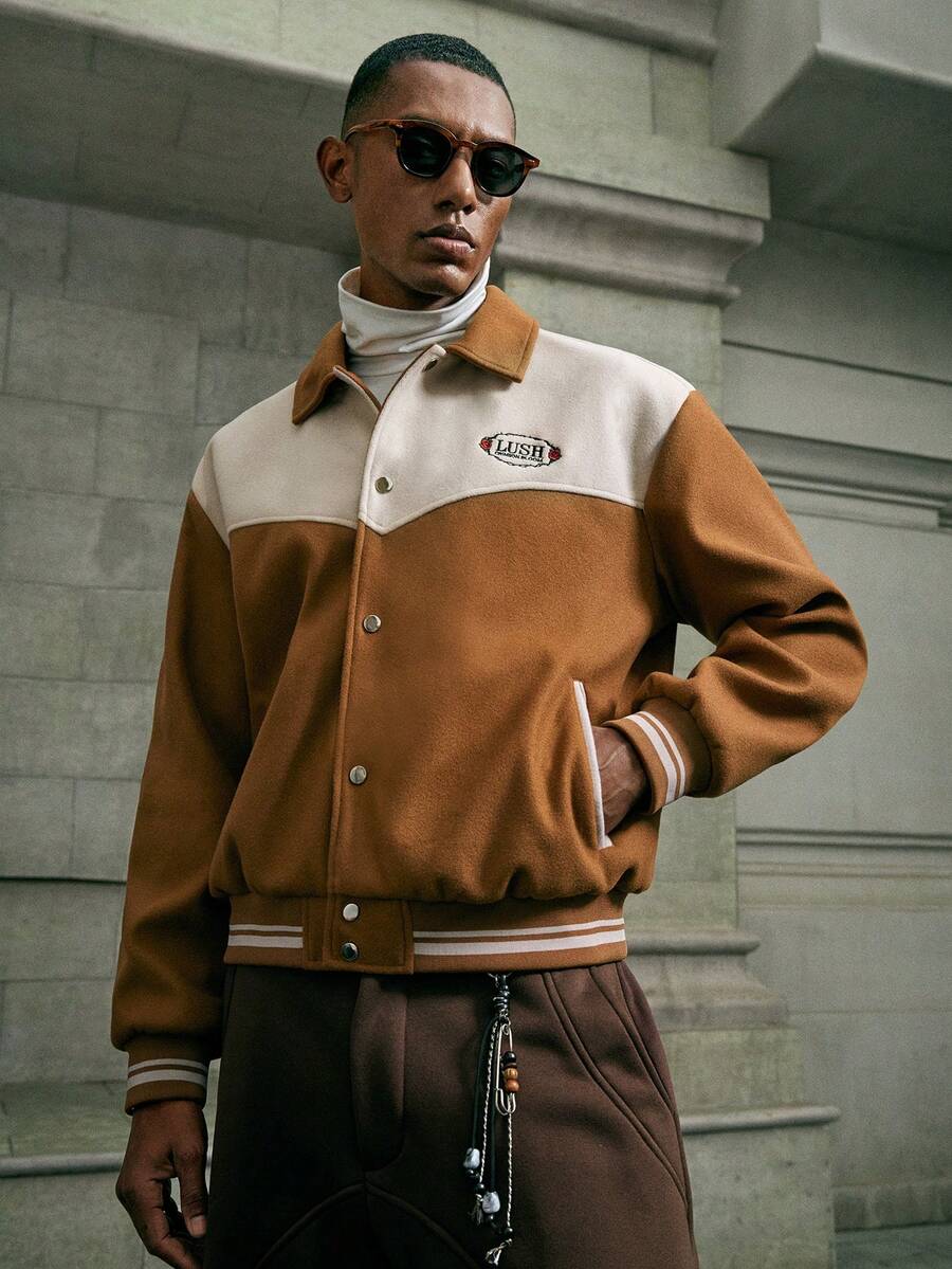 AKNOTIC Herren Lässig Jacke mit besticktem Buchstaben Muster und Farbblöcken, Langarm, Weihnachten, Silvester Glamour