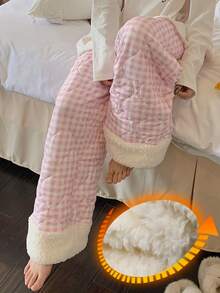 DAZY 女式格子绗缝宽松睡裤，冬季 - 粉色 - 查看 1