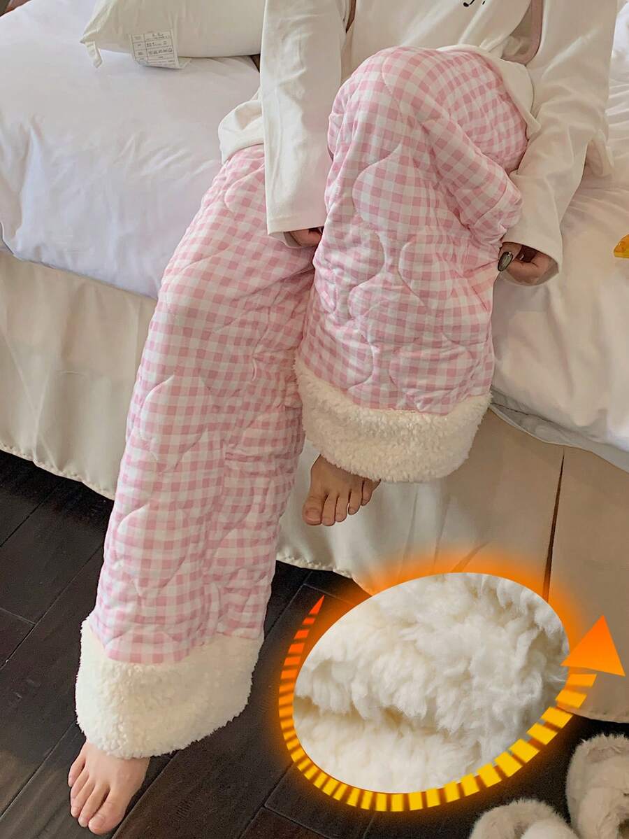 DAZY 女式格子绗缝宽松睡裤，冬季 - 粉色 - 查看 1