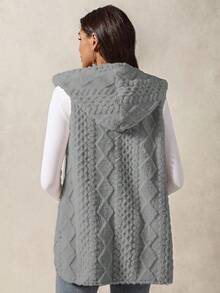Boho Mama Pregnant Women's Geometric Textured Button Design Fluffy Hooded Cardigan, Autumn/Winter - Light Grey - View 2