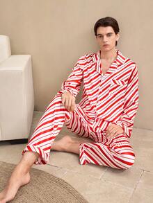 2 piezas Conjunto de pijama de satén estilo británico para hombres, ropa de invierno - Multicolor - Ver 1