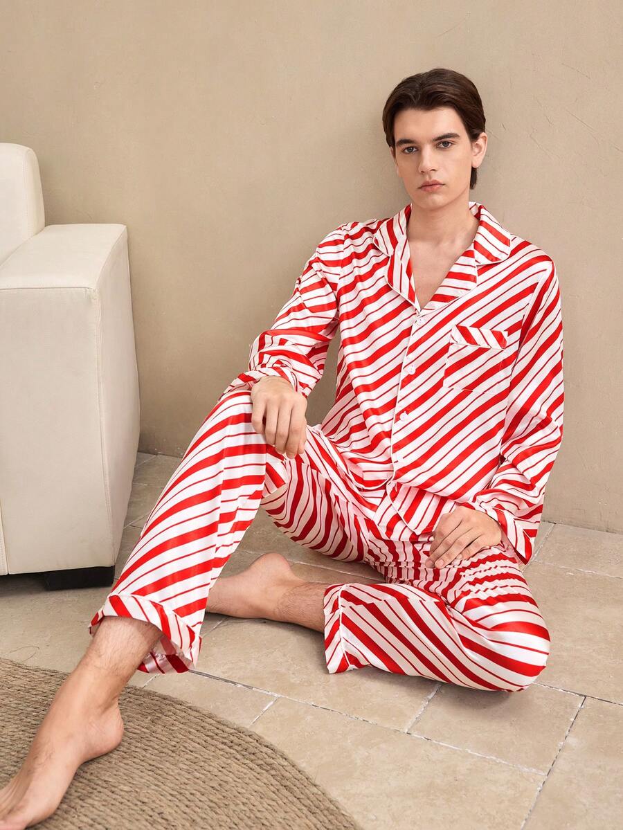 2 piezas Conjunto de pijama de satén estilo británico para hombres, ropa de invierno - Multicolor - Ver 1