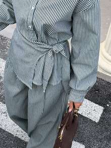 DAZY Bộ đồ denim giản dị 2 món cho nữ, áo sơ mi dài tay buộc dây bên hông và quần ống rộng, thích hợp cho đi nghỉ dưỡng và giải trí đô thị - Rửa nhẹ - Xem 8