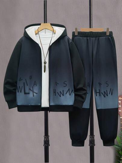 2 st/set tonårspojkar casual street tonad bokstavsdesign kontrastfärgad huvad dragkedja jacka outfit, lämplig för höstens dagliga pendling och sportkläder