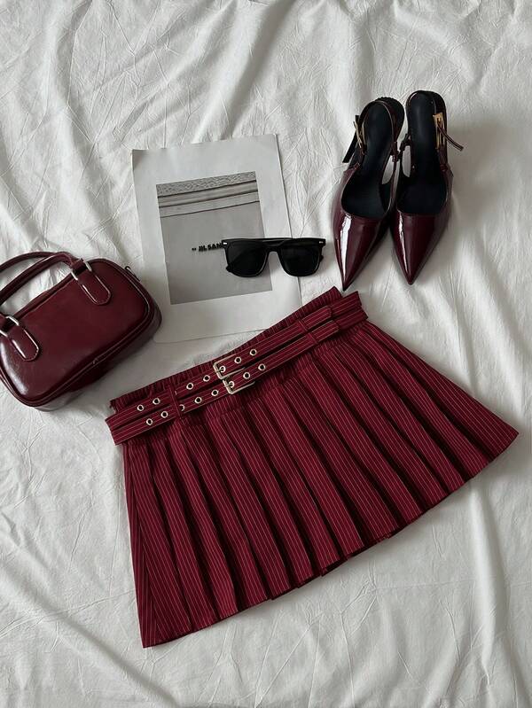 Elamini 1 pieza Falda plisada de línea A a rayas rojas con doble cintura, adecuada para uso diario, campus, casual