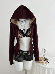 Elamini 女式合身复古针织弹力连帽保暖内衬长袖口袋运动衫 - 中紫紅色 - 查看 6