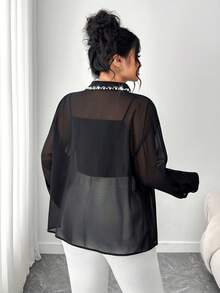Elenzga Áo sơ mi voan dài tay thanh lịch dành cho nữ cỡ lớn mùa xuân/thu, đính hạt, túi giả và cổ bẻ, màu đen - màu đen - Xem 3