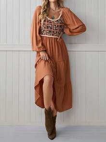 LanaWest 女式复古棕色时尚优雅方领多色花卉镂空钩针拼布长袖松紧腰宽松下摆波西米亚风格长裙，适合度假、日常穿着、茶会 - 棕色 - 查看 5