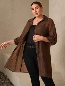 Chikora Plus Size Button-Up Long Sleeve Shirt For Women, Autumn Brown Blouse For Thanksgiving New Year Christmas Winter - Brown - View 4