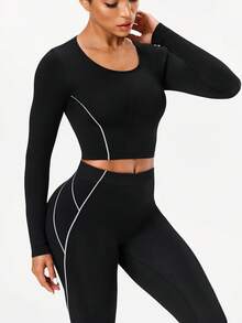 Eassivo Camiseta corta de manga larga sin costuras para mujer, a rayas blancas - Blanco y Negro - Ver 4