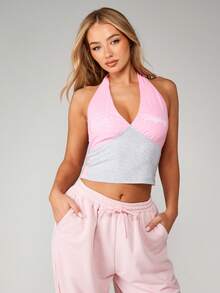 Missguided x Playboy Halter Neck Color Block Crop Top With V-Neck Design For Summer Festival Occasions - Multicolor - View 1