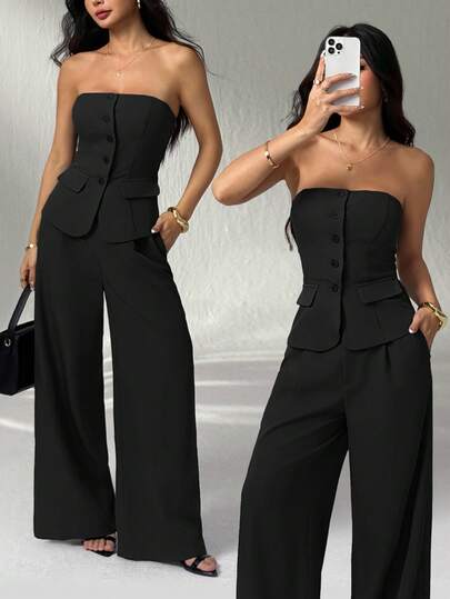 SHEIN PETITE 秋冬纯色修身吊带背心和优雅长裤套装