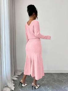 Elenzga Bộ 2 áo len dệt kim tay dài cổ chữ V thanh lịch dành cho nữ - Hồng - Xem 2