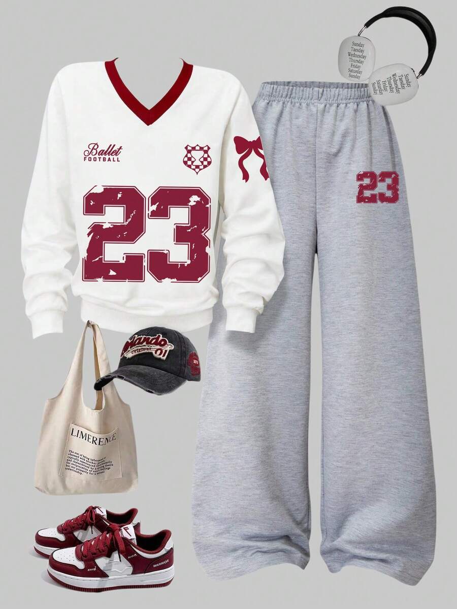 SHEIN ChillGRL 2pcs/Set Casual Teenager Girls' V-Neck Dropped Shoulder Short Sleeve Loose Pants Tracksuit With Numeric Pattern - Black - View 1