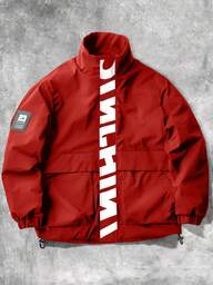 Manfinity Campus Court Aesthetic Post--Men's Casual Versatile Sporty Stand Collar Long Sleeve Jacket, Large Graphic Print Young Couple Style, Large Pockets Design, Autumn/Winter