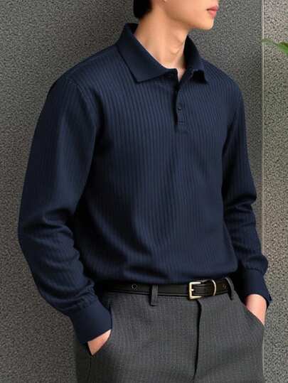 Manfinity Homme Camisa polo de manga larga con media cartera de unicolor y puño acanalado, para otoño