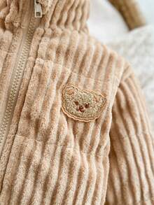 Bébé garçon/unisexe Manteau matelassé zippé avec col montant en velours côtelé, broderie d'ours, doublure matelassée, adapté pour l'automne/l'hiver, mode décontractée, dessin animé mignon et polyvalent - Kaki - Voir 7