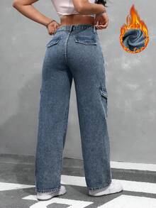 SHEIN ICON 女士纯色休闲保暖牛仔裤 - 深色水洗藍 - 查看 2