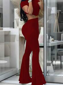 INAWLY 女士修身性感圆领镂空露背短袖喇叭裤连体裤 - 酒紅色 - 查看 4