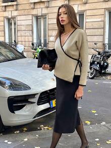 Chiquease Cárdigan de mujer con recorte de contraste y lazo delantero, prenda de vestir de moda para la temporada de regreso a clases, otoño/invierno - Caqui - Ver 6