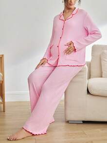 BloomMama Maternity Contrast Lettuce Trim Long Sleeve Top And Adjustable Waist Pants Loungewear Set, Spring/Autumn, Winter - Pink - View 3