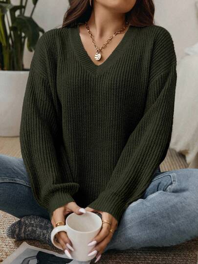 Calvaya Plus Size Women V-Neck Dropped Shoulder Long Sleeve Casual Pullover Sweater, Autumn/Winter