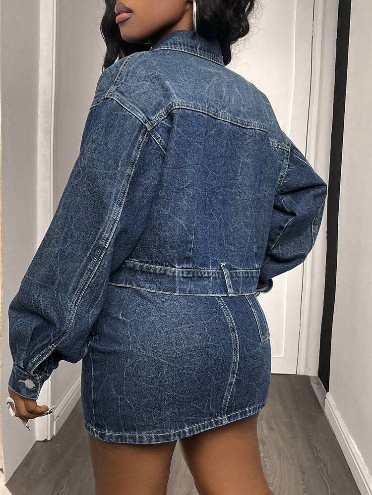 Women's Solid Color Minimalist Long Sleeve Jacket And Denim Skirt Set Y2k
