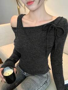 DAZY 女士纯色极简系带长袖T恤，日常穿着 - 黑色 - 查看 4