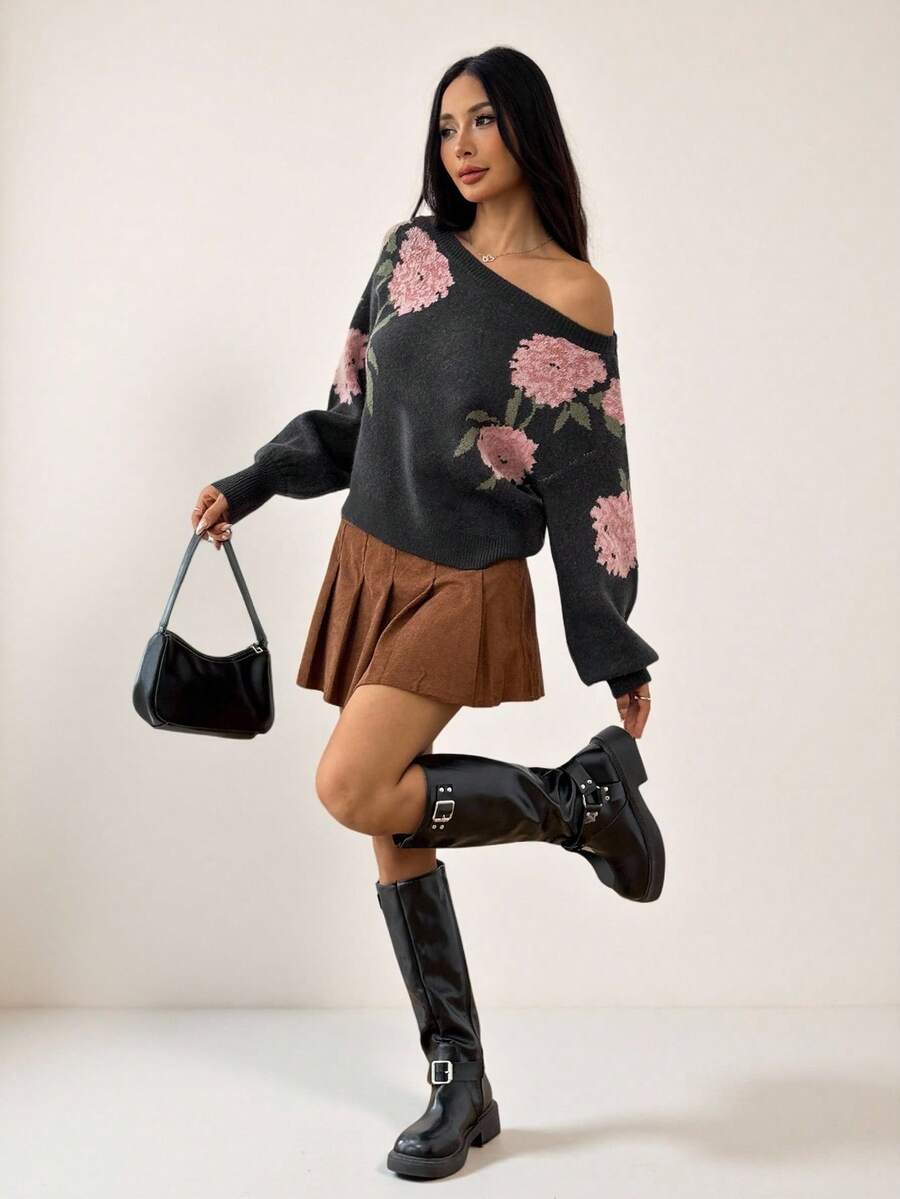 SHEIN PETITE Country Western Floral Intarsia Boat Neck Long Sleeve Knit Sweater, Casual Cute Back To School, Boho, Fall, Autumn, Winter Valentine's Day - Black - View 1