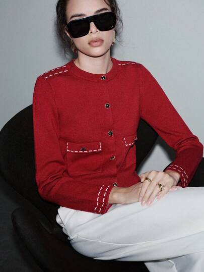 SHEIN Luminelle 秋季新款圆领撞色钩针装饰口袋针织开衫