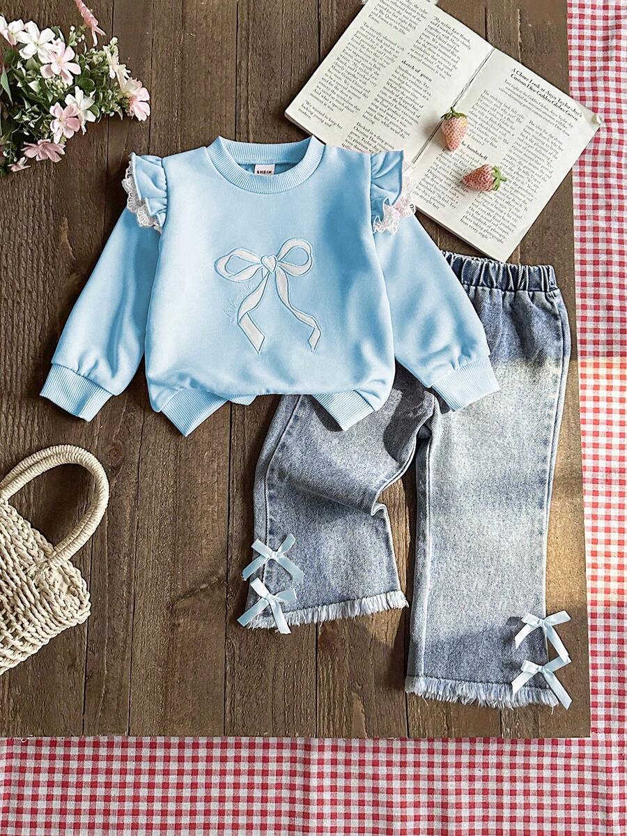 SHEIN 2pcs/Set Baby/Toddler Girl Unisex Girls' Sweet Pink Bow Embroidery Crew Neck Long Sleeve Sweatshirt And Denim Pants Set, Pink Ribbon Bow Accent, Suitable For Outings, Dates, Casual, School, Party And More Baby Casual Sets Baby Girl Denim Sets Denim Baby Outfit Baby Girl Princess Casual Pant Sets Baby Jeans Set - Multicolor - View 1