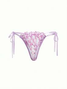 Bonmuse 2件組女款紫色花卉刺繡網紗蕾絲內衣套裝，時尚透視綁帶設計情趣睡衣內褲，情人節超薄胸罩，適合夏季 - 紫色 - 查看 5