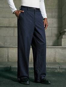 AKNOTIC 男士极简线条图案商务休闲西装裤 - 藏蓝色 - 查看 4