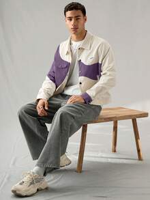 SWAVVY 男士休闲宽松灯芯绒拼接长袖衬衫，时尚日常穿着 - 紫色 - 查看 6