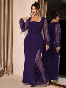 Cravure Plus Size Women's Square Neck Sparkly Mesh Patchwork Dress, Stretchy Luxurious Party Long Sleeve High Slit Autumn/Winter Elegant Party Gown - Purple - View 1