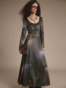 Florisole Women's Scoop Neck Drop Shoulder Long Sleeve Cinched Waist Long Dress Romantic  Party Season - Brown - View 1