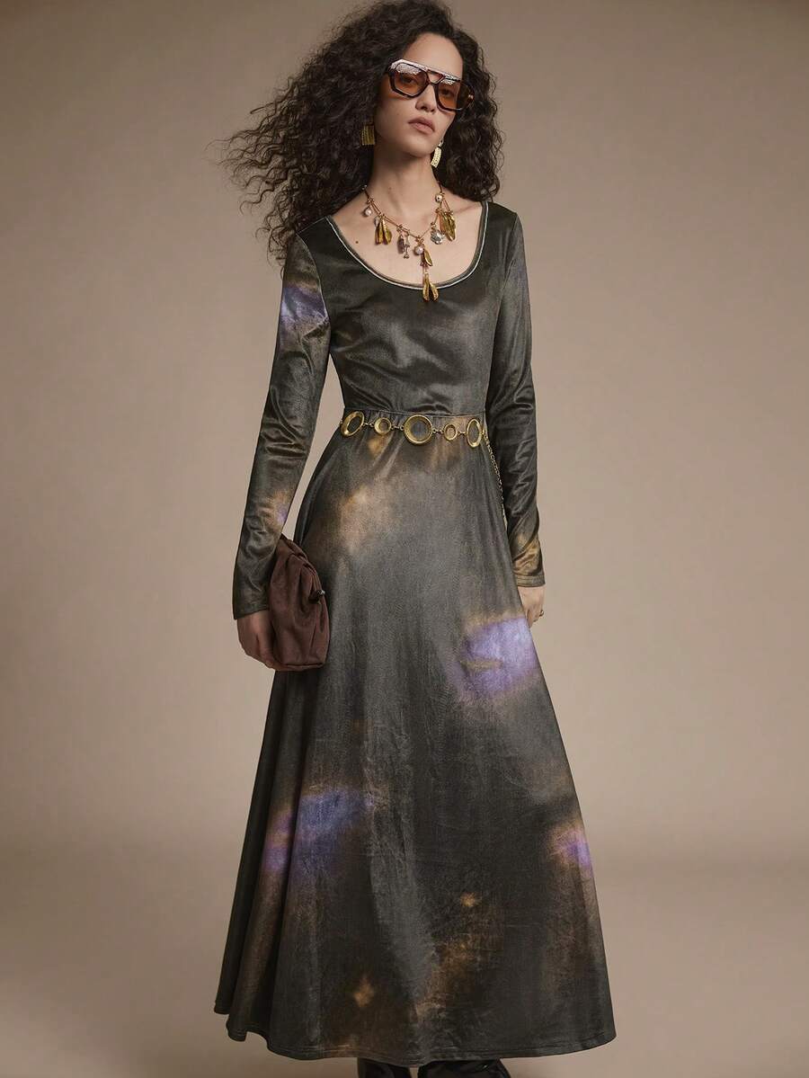 Florisole Women's Scoop Neck Drop Shoulder Long Sleeve Cinched Waist Long Dress Romantic  Party Season - Brown - View 1