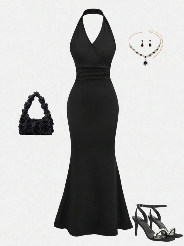 Girlism Vestido de sirena con escote halter y cruce en la cintura, de tejido jacquard negro para adolescentes