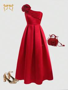 SHEIN Váy Maxi trễ vai xếp ly họa tiết hoa 3D thanh lịch dành cho bé gái tuổi mới lớn, váy dự tiệc màu đỏ rực rỡ thích hợp cho Giáng sinh, tiệc năm mới, đám cưới, váy phù dâu - Đỏ - Xem 2